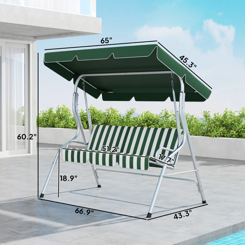 Outsunny 3-Person Porch Swing with Canopy Outdoor Patio Swing Chair, Steel Frame, Cushions, Armrests, Green
