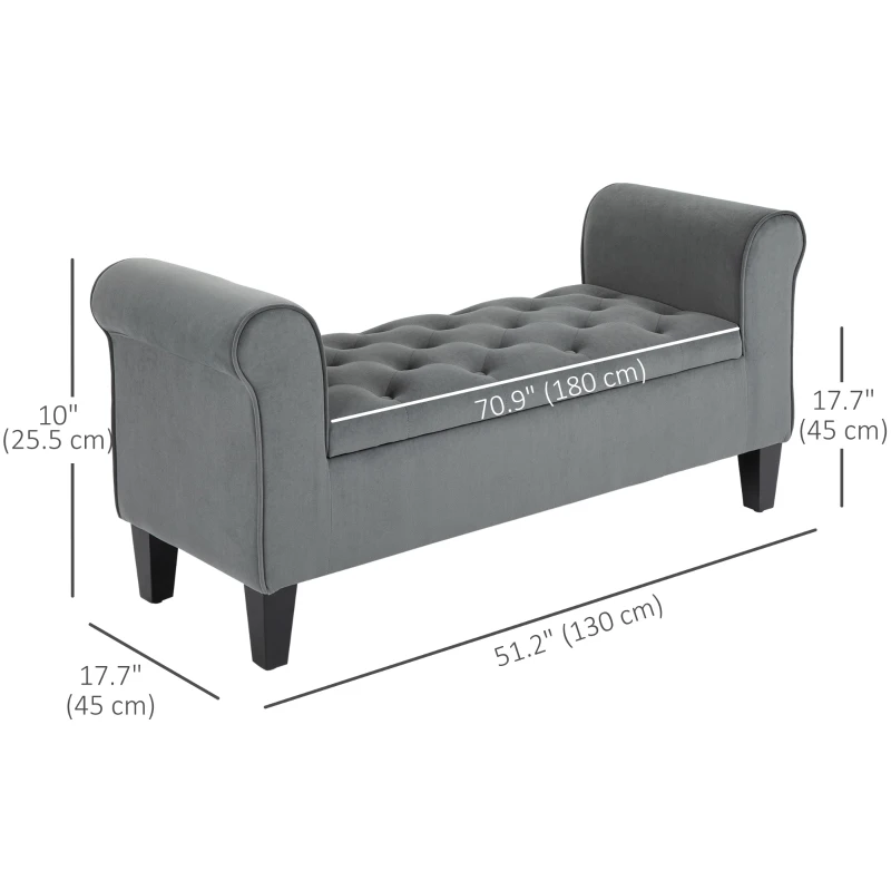 HOMCOM Button Tufted Storage Ottoman Bench, End of Bed Bench with Rolled Arms, Storage Chest for Living Room, Entryway, Grey