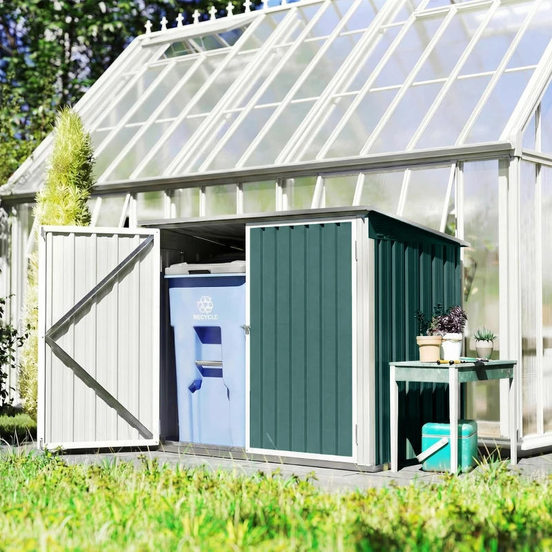 Outsunny Outdoor Steel Wheelie Trash Can, Storage Shed With Double Door & Lid Rubbish Cover for 2 Trash Cans