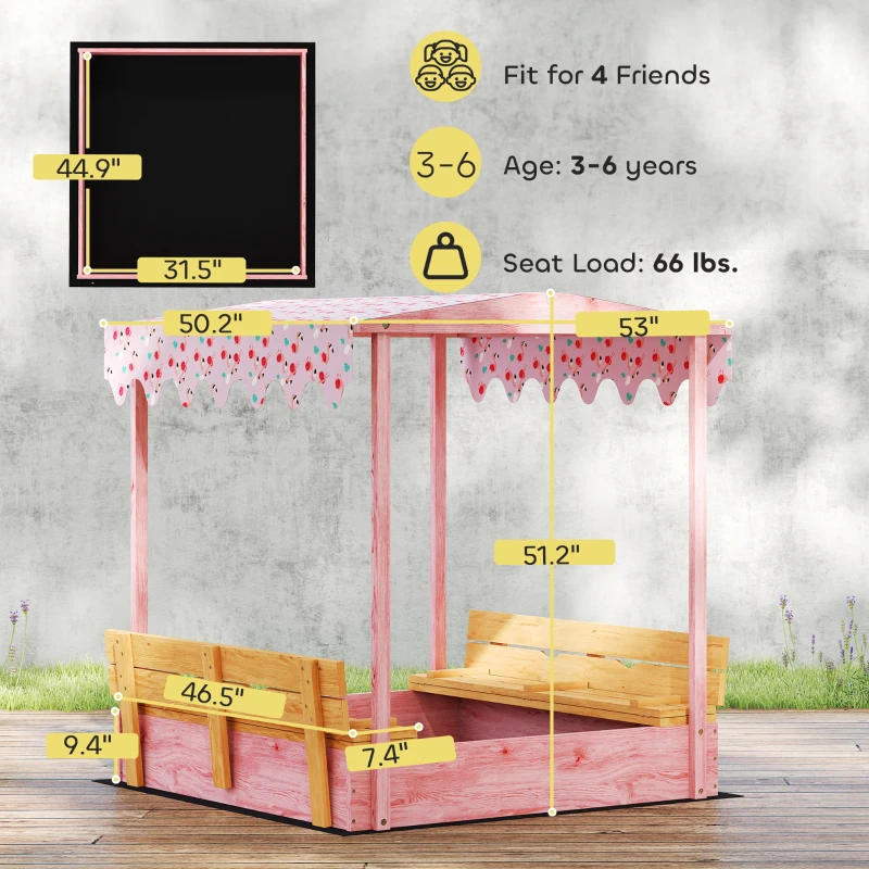 Qaba Wooden Sandbox with Cover, Kids Sandbox Outdoor with Seat, Bottom Liner, Canopy for Ages 3-6, Flamingos Print, Pink