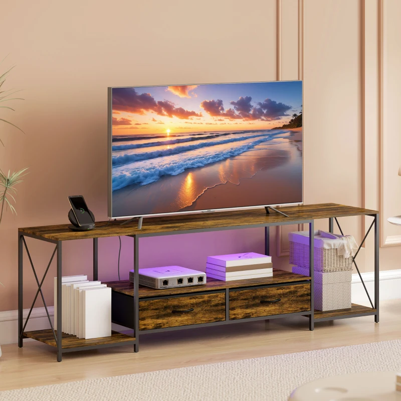HOMCOM Industrial TV Stand for up to 60 Inch TV, TV Console with Charging Station and RGB LED Lights, Rustic Brown