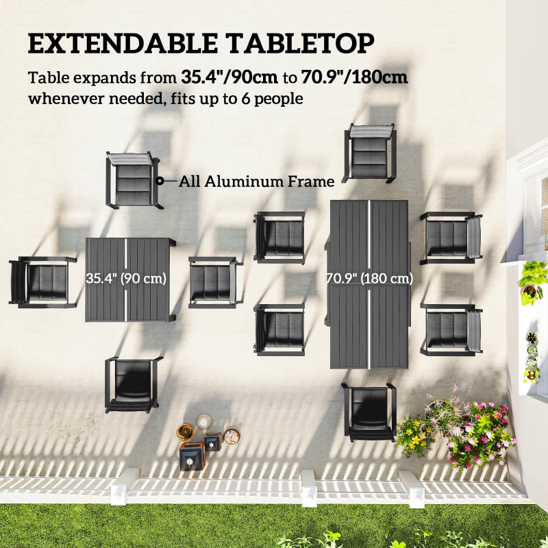 Outsunny Patio Dining Set for 6, Aluminum Expandable Outdoor Table and 6 Stackable Chairs with Padded Back, Mesh Seat, Black
