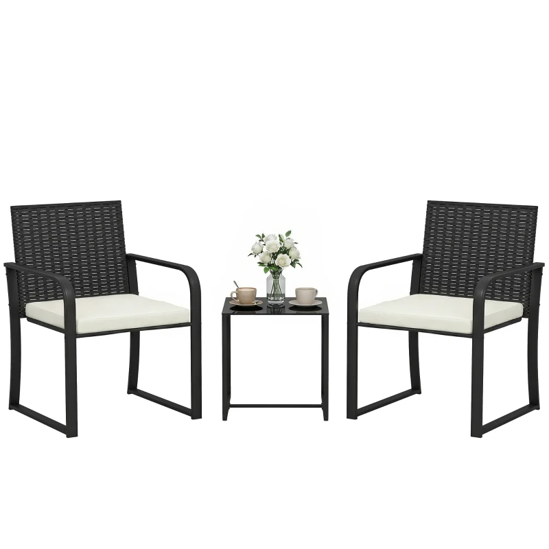 Outsunny Outdoor Bistro Set, 3 Piece Wicker Patio Furniture with Mesh Seat, Glass Table, Cushions for Porch, Balcony, Cream White