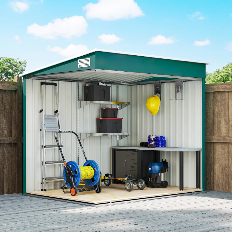 Outsunny 5'x7' Lean to Galvanized Metal Shed with Foundation, Garden Tool Storage House with Sliding Door and 2 Vents, Green