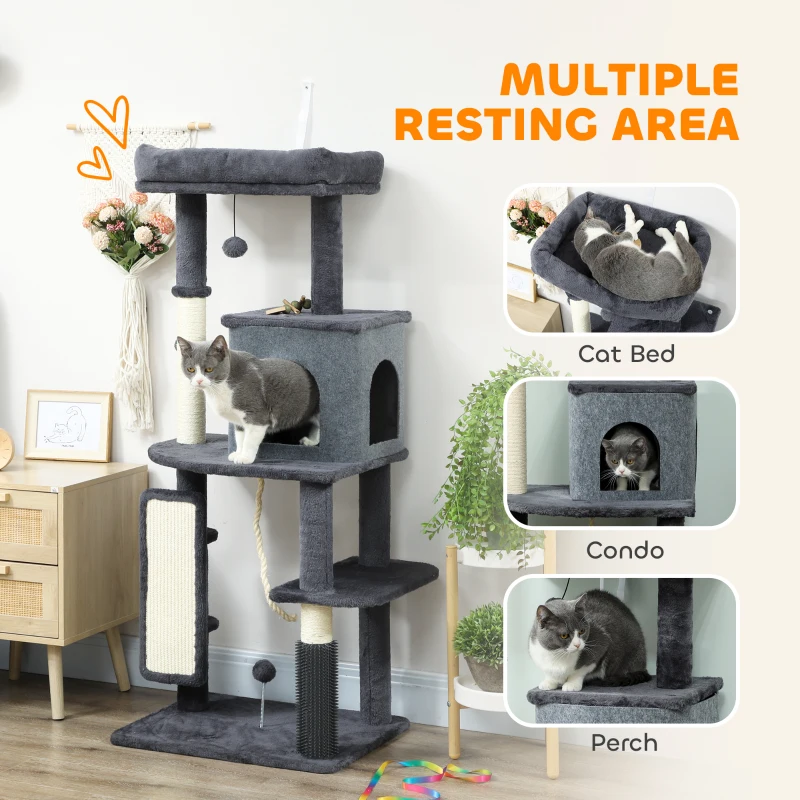 PawHut 52 Inch Cat Tree with Scratching Posts, Cat Bed, Condo, Grooming Brush, Jumping Platforms, Toy Balls, Anti-tip Kit