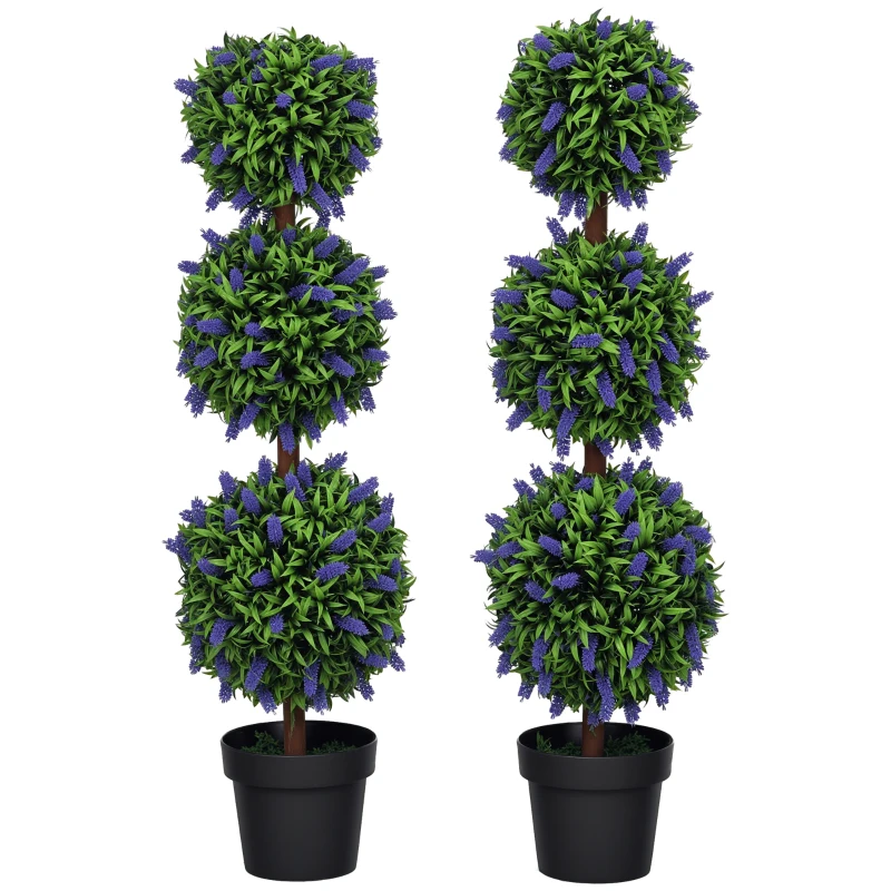 HOMCOM 3.5ft Set of 2 Artificial Plants, Lavender Flowers Ball Trees with Pot, for Home Indoor Outdoor Decor