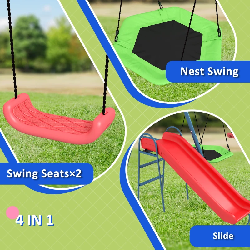 Outsunny Metal Swing Set for Backyard, 4 in 1 Design with 1 Nest Swing, 2 Seats, 1 Slide, Holds Up to 352 lbs. for Ages 3-8
