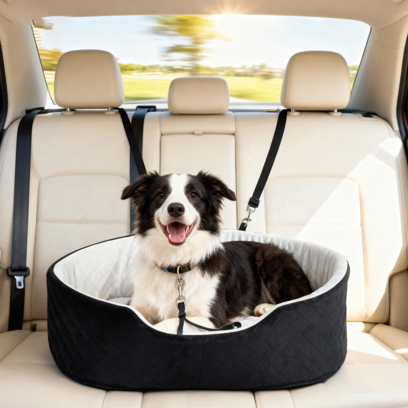 PawHut Dog Car Seat for Small Medium Pets, Detachable Washable Pet Bed with Cushion and Safety Belt for Dog Under 33lbs, Black