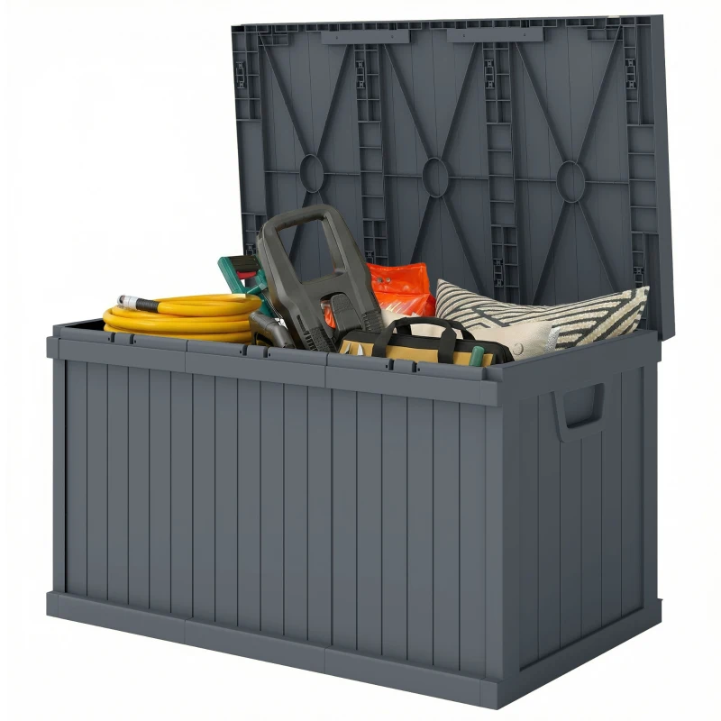 Outsunny 70 Gallon Deck Box, Resin Outdoor Storage Box with Handles, Waterproof Storage Container for Garden Tools, Dark Grey