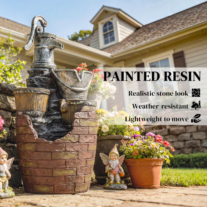 Outsunny 4-Tier Outdoor Fountain with Planter, Cascading Waterfall Feature with LED Lights, Rustic Brown and Grey