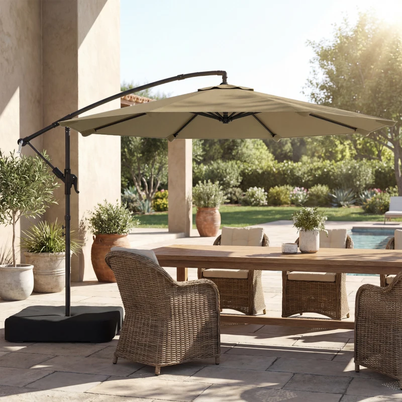 Outsunny 9.6 ft Offset Patio Umbrella with Sandbag, Garden Hanging Banana Cantilever Parasol with 360° Rotation, Khaki