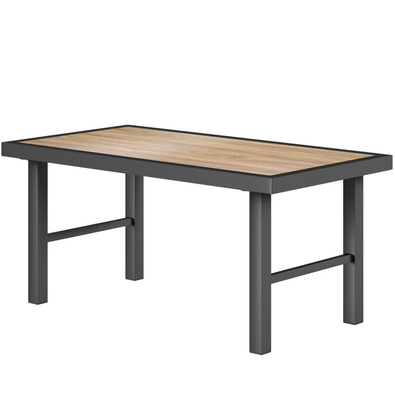 Outsunny Outdoor Side Table with SPC Woodgrain Tabletop, Metal Patio Coffee Table for Outside Garden, Brown