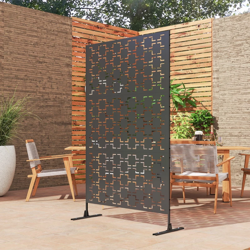 Outsunny 6.5FT Decorative Outdoor Divider, Metal Privacy Screen with Stand, Grid Style, Black