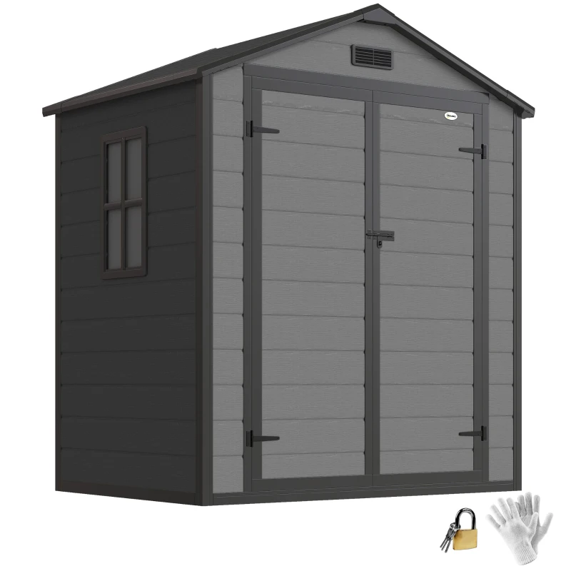 Outsunny 6x4.5FT Plastic Shed, Lockable Garden Tool Storage House with Double Doors and Vent, Grey