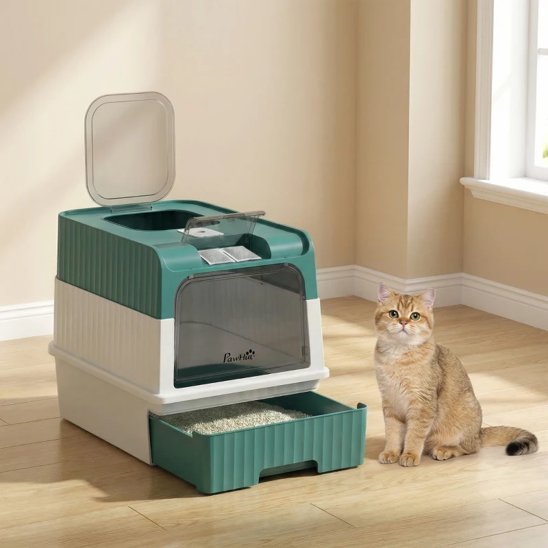 PawHut Cat Litter Box Hooded Cat Litter Tray with Drawer Pan Front Entry & Top Exit Easy Cleaning Teal