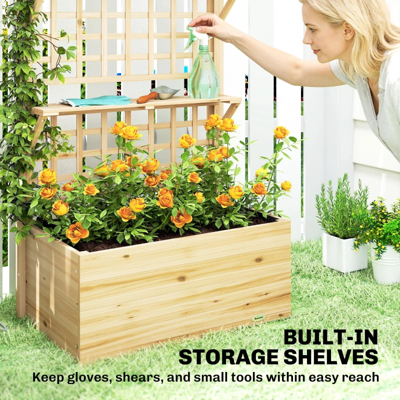 Outsunny Wooden Raised Garden Bed with Trellis and Roof, Elevated Planter Box with 2 Shelves, Drainage Hole and Liner, Natural