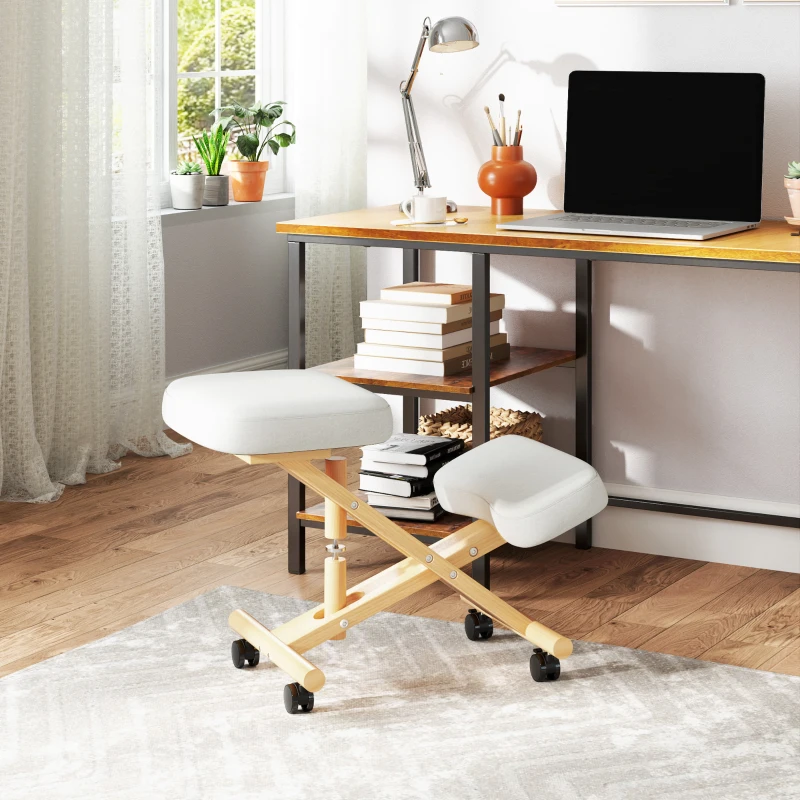 HOMCOM Ergonomic Kneeling Chair, Posture Chair with Rubberwood Frame, Wheels for Office, Posture Correction, Cream White