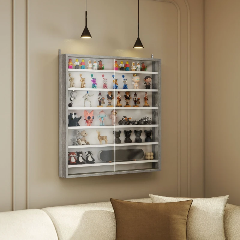 HOMCOM 7-Tier Display Cabinet, Shot Glass Display Case, Glass Curio Cabinet with 2 Glass Doors and 6 Adjustable Shelves, Grey