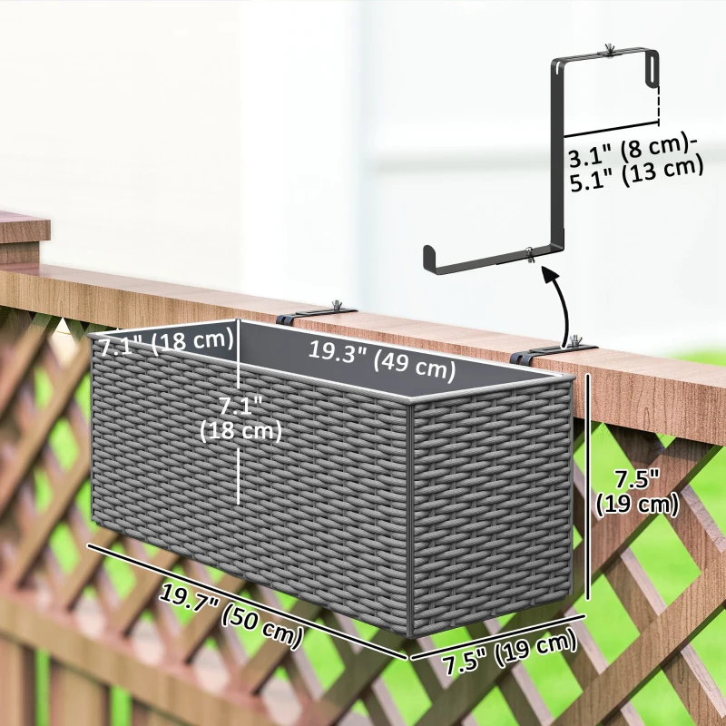 Outsunny 2 Pack 20 Inch Hanging Flower Pots, Railing Planter Box for Fence, Garden, Rattan Look, Grey