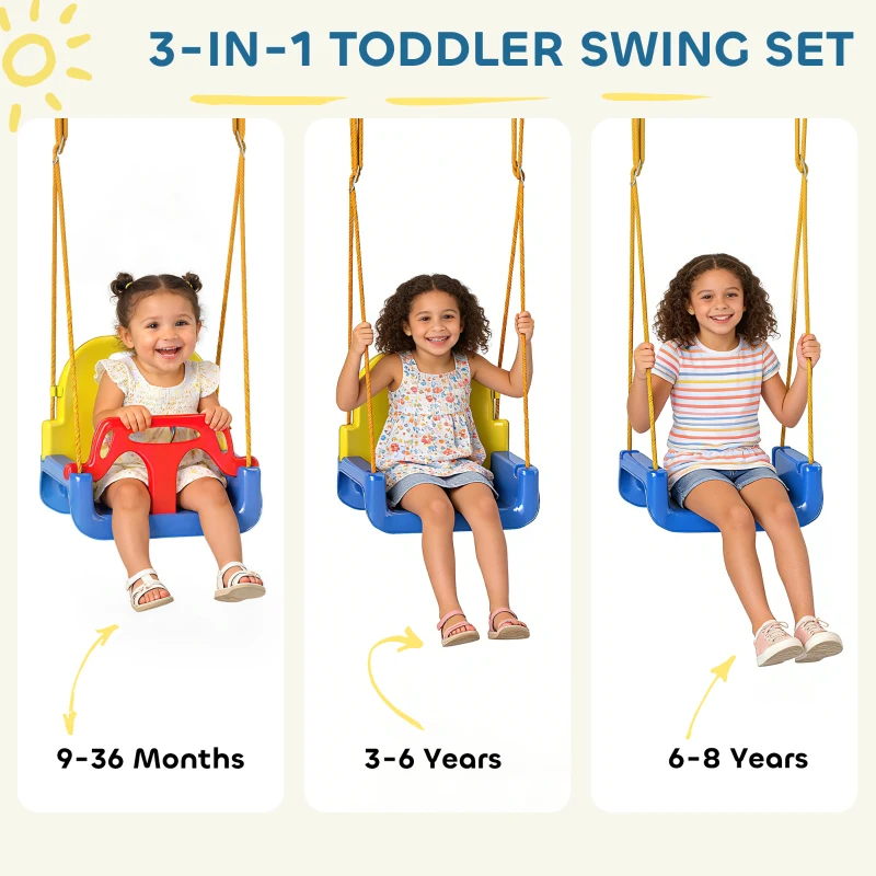Qaba 3 in 1 Toddler Swing Set, Folding Child Swing Set with Seat Belt, Adjustable Seat for Outdoor Indoor, Blue