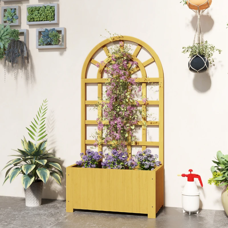 Outsunny Wooden Raised Garden Bed with Lattice Trellis, Outdoor Elevated Planter Box with Drainage Holes for Climbing Plants