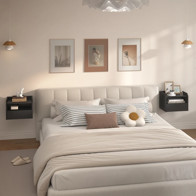 HOMCOM Wall Mounted Bedside Table, Set of 2 Floating Nightstand with Charging Station, Drawer and Open Shelf for Bedroom, Black