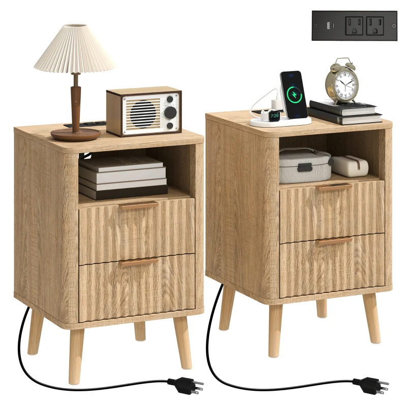 HOMCOM Nightstands Set of 2, Modern Bedside Tables with Charging Station, 2 Drawers and Open Shelf, Oak