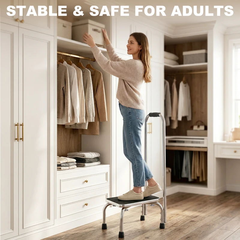 HOMCOM Step Stool with Handle for Adults and Seniors, Heavy Duty Metal Foot Step Stool for Elderly, Portable Stool with Anti-slip Design