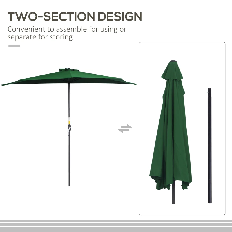 Outsunny 9.8ft Half Umbrella Semi Round Patio Parasol with Crank Handle, Top Vent for Garden, Balcony- NO BASE INCLUDED, Green