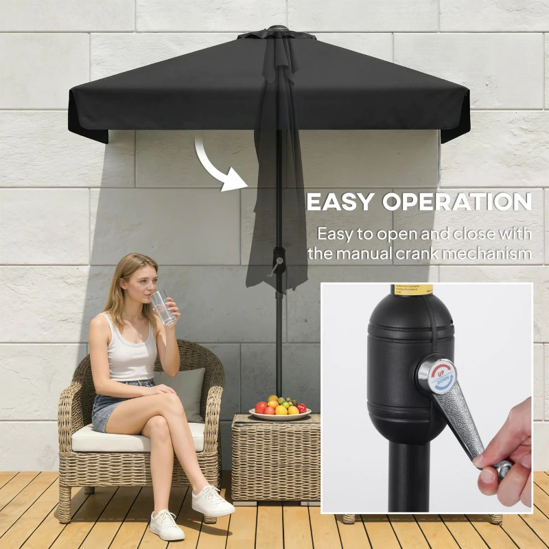 Outsunny 7.5ft Half Umbrella Semi Round Patio Parasol with Crank Handle, Top Vent for Garden, Balcony- NO BASE INCLUDED, Black