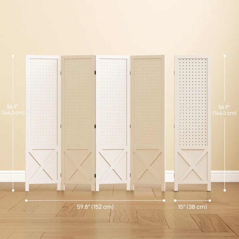 HOMCOM 56.9" 4 Panel Wooden Room Divider with Pegboard Display, Folding Privacy Screen for Home Office, White