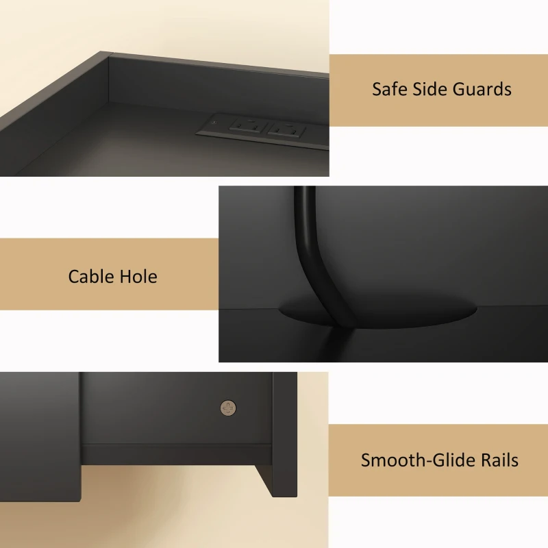 HOMCOM Wall Mounted Bedside Table, Set of 2 Floating Nightstand with Charging Station, Drawer and Open Shelf for Bedroom, Black