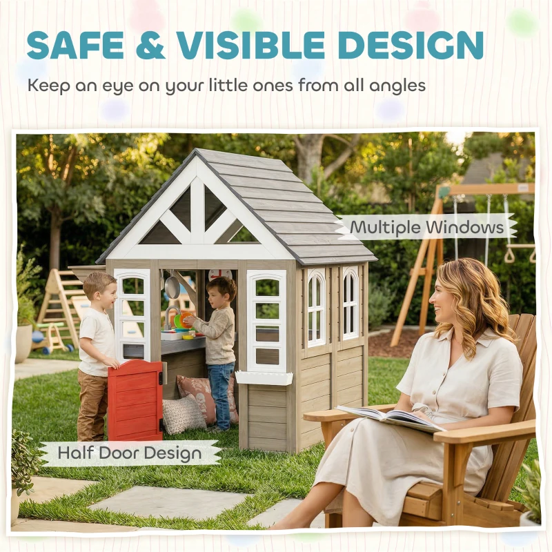 Qaba Outdoor Playhouse, Wooden Kids Playhouse with Dog Door, Flower Box, Cookware & Window for Garden Ages 2+, Gray