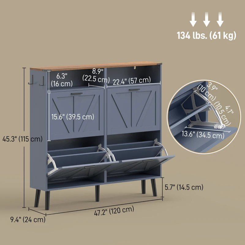 HOMCOM Shoe Storage Cabinet with 4 Flip Drawers, Farmhouse Narrow Shoe Cabinet, Holds Up to 24 Pairs, Blue