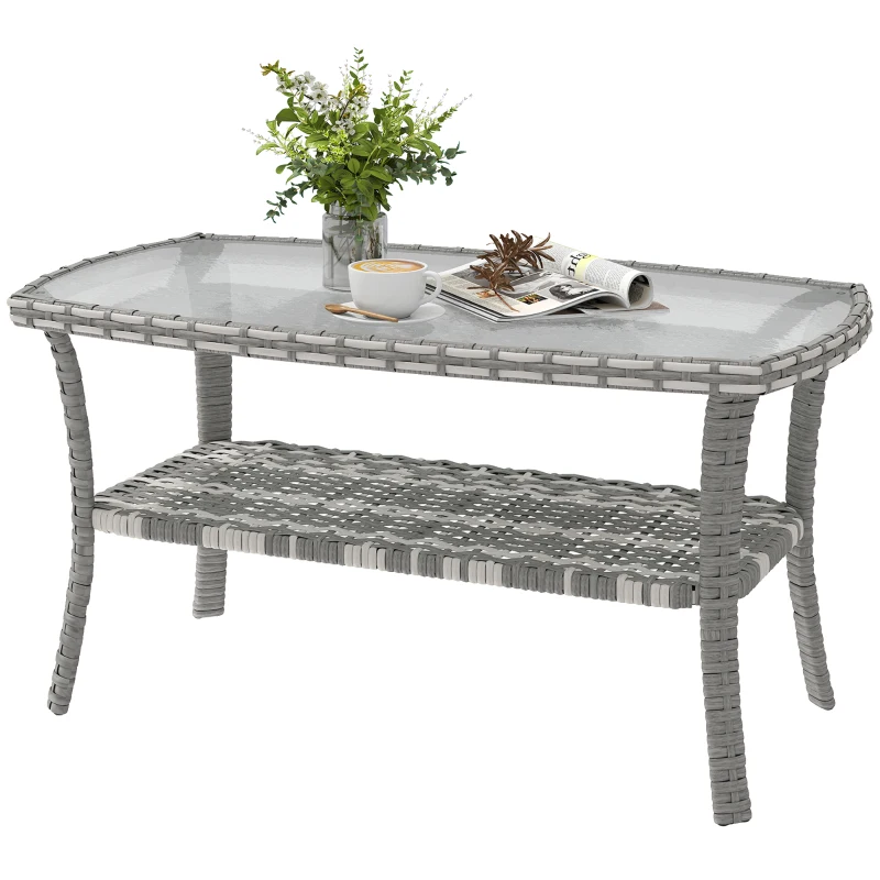 Outsunny Outdoor Coffee Table with Storage Shelf, PE Wicker Patio Table with Glass Top for Garden, Backyard, Dark Grey