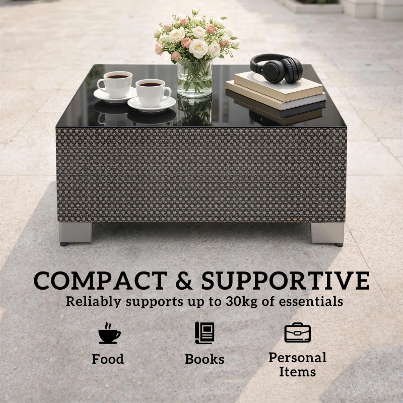 Outsunny 21.7" Square Patio Table, Small Outdoor Patio Coffee Side End Table with Tempered Glass Top, Black