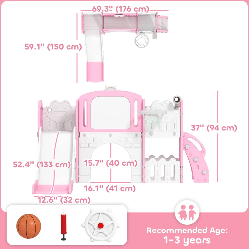 Qaba 7 in 1 Toddler Slide with Basketball Hoop, Climbing Frame, Telescope, Drawing Board, Storage Box for Ages 1-3, Pink