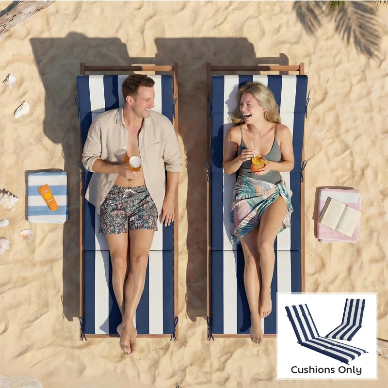 Outsunny Outdoor Chaise Lounge Cushions Set of 2 with 6 Ties, High-Density Foam, for Patio and Poolside, Dark Blue and White