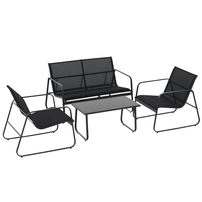 Outsunny 4 Piece Patio Furniture Set, Outdoor Conversation Set with Loveseat Sofa, Armchairs, Glass Top Coffee Table, Black