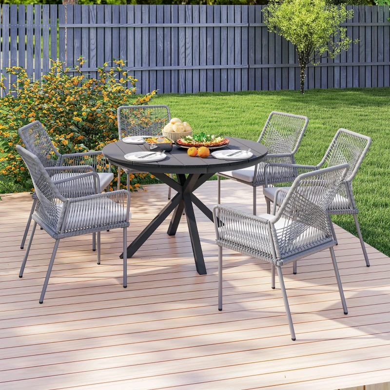 Outsunny 46.5" Outdoor Dining Table for 6, Round Picnic Table with Slatted Top for Balcony, Porch, Black