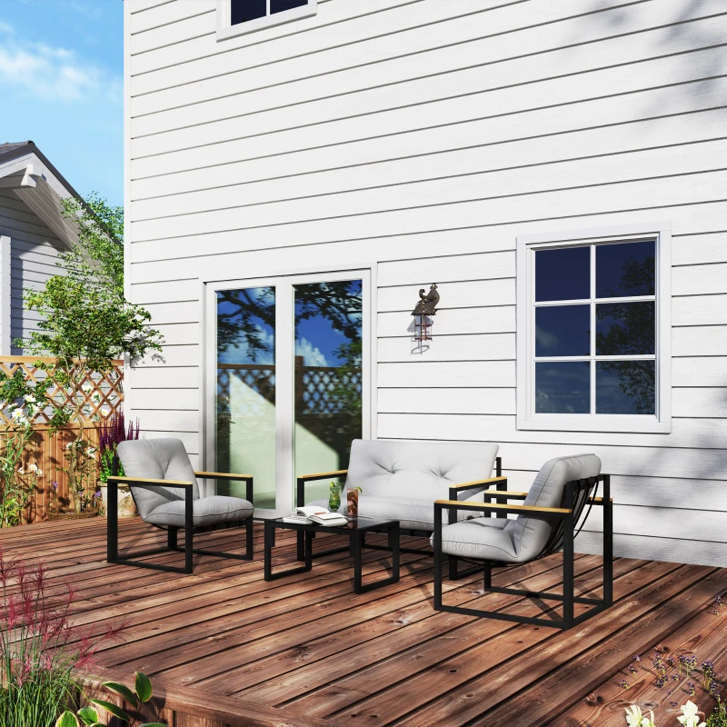 Outsunny 4 Piece Patio Furniture Set, Outdoor Loveseat Sofa Set with Thick Cushions and Coffee Table, Light Grey