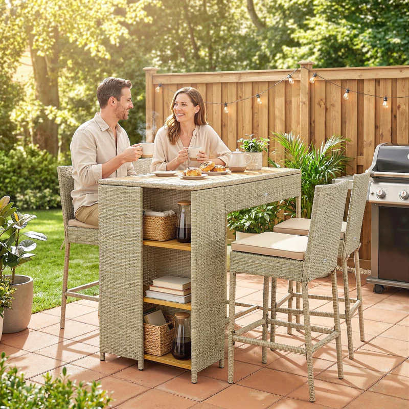 Outsunny 5 Piece Wicker Outdoor Bar Set, Acacia Wood Outdoor High Top Table and Chairs with 3 Tier Shelves, Cushions, Brown