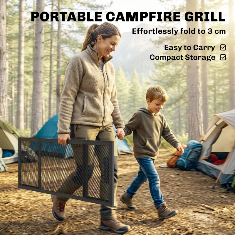 Outsunny Folding Campfire Grill, 36" x 18" Heavy Duty Carbon Steel Grill Grate with Folding Legs, Black