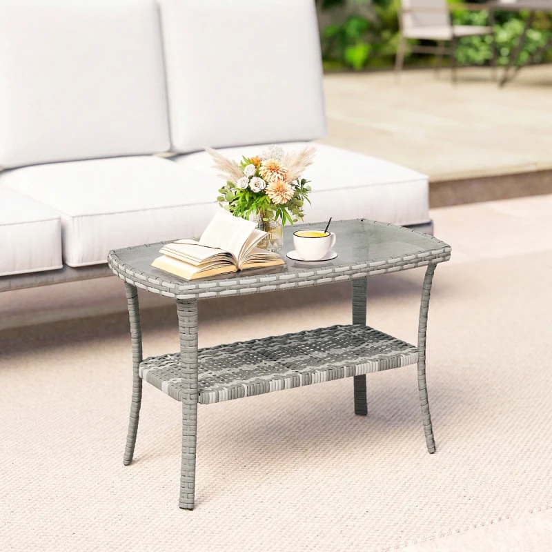 Outsunny Outdoor Coffee Table with Storage Shelf, PE Wicker Patio Table with Glass Top for Garden, Backyard, Dark Grey