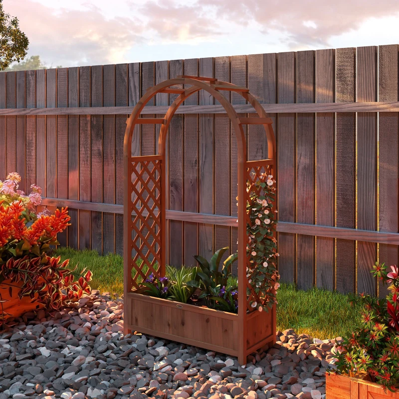 Outsunny Raised Garden Bed with Arch Trellis, Freestanding Garden Planter Box, Outdoor Planter Container, Dark Brown Wood Effect