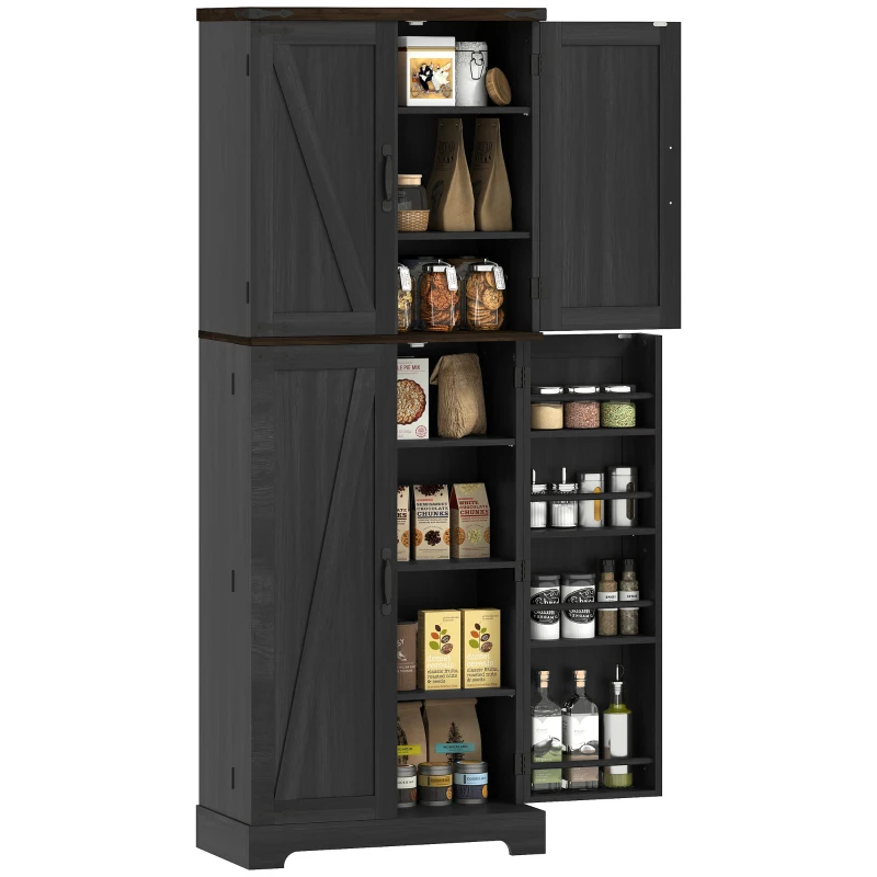 HOMCOM 64" Tall Kitchen Pantry Cabinet with Spice Racks and Adjustable Shelves, Black Wood Grain