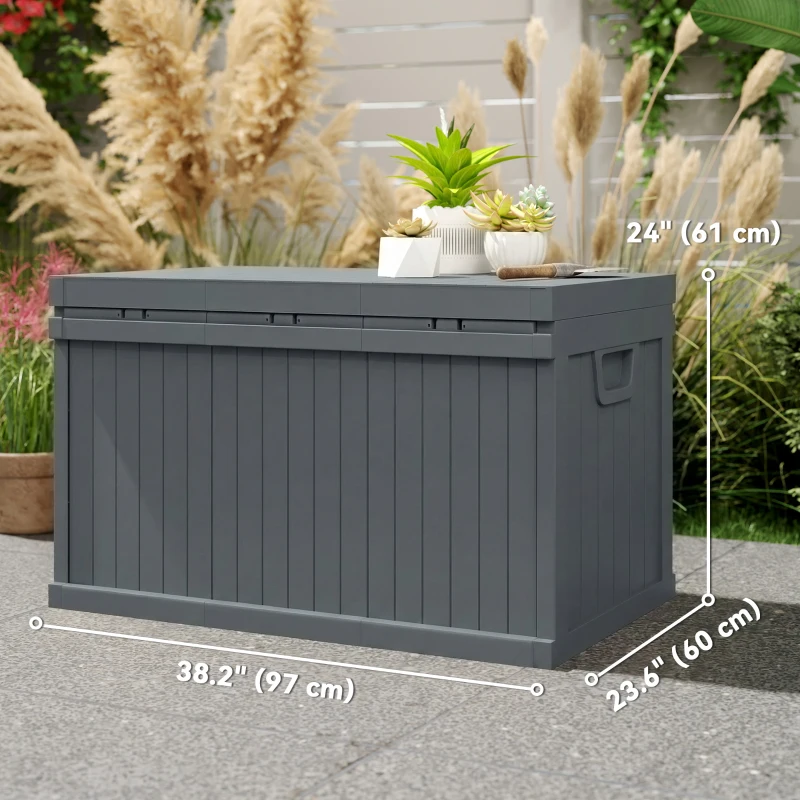 Outsunny 70 Gallon Deck Box, Resin Outdoor Storage Box with Handles, Waterproof Storage Container for Garden Tools, Dark Grey