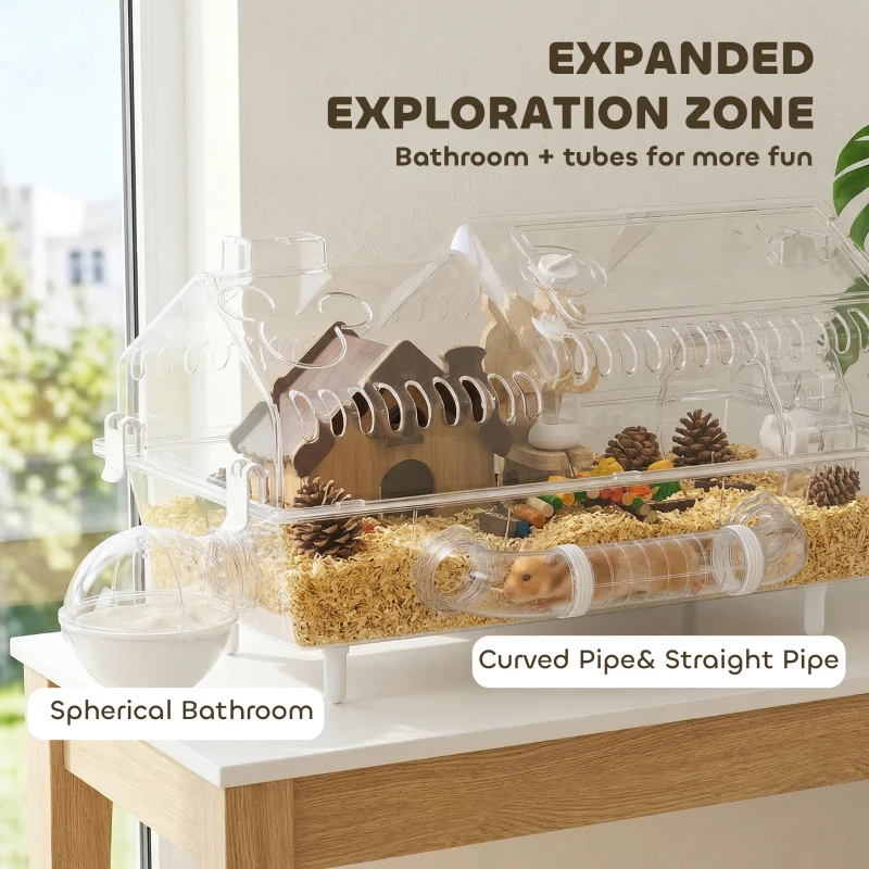 PawHut Hamster Cage with Large Wheel & Hideout, Small Animal Habitat with Accessories, Clear Pet House, 21.5" x 11.8" x 12.6",