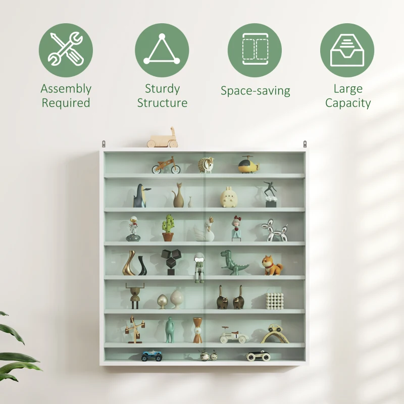 HOMCOM 7-Tier Display Cabinet, Shot Glass Display Case, Glass Curio Cabinet with 2 Glass Doors and 6 Adjustable Shelves, White