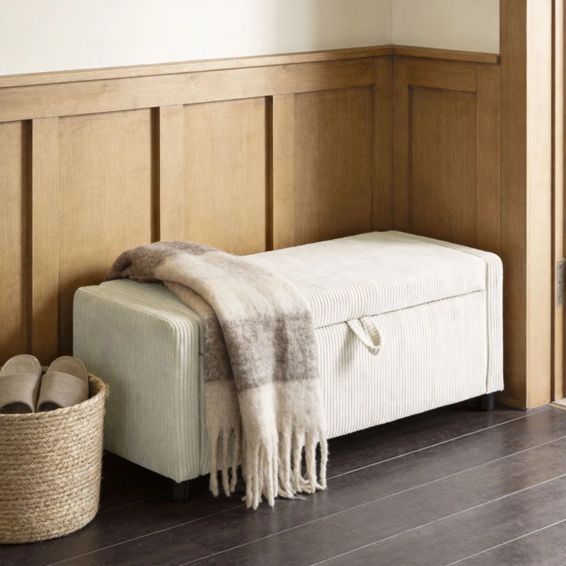HOMCOM Storage Ottoman, Upholstered Corduroy End of Bed Bench with Thick Padding, Storage Bench for Bedroom, Beige